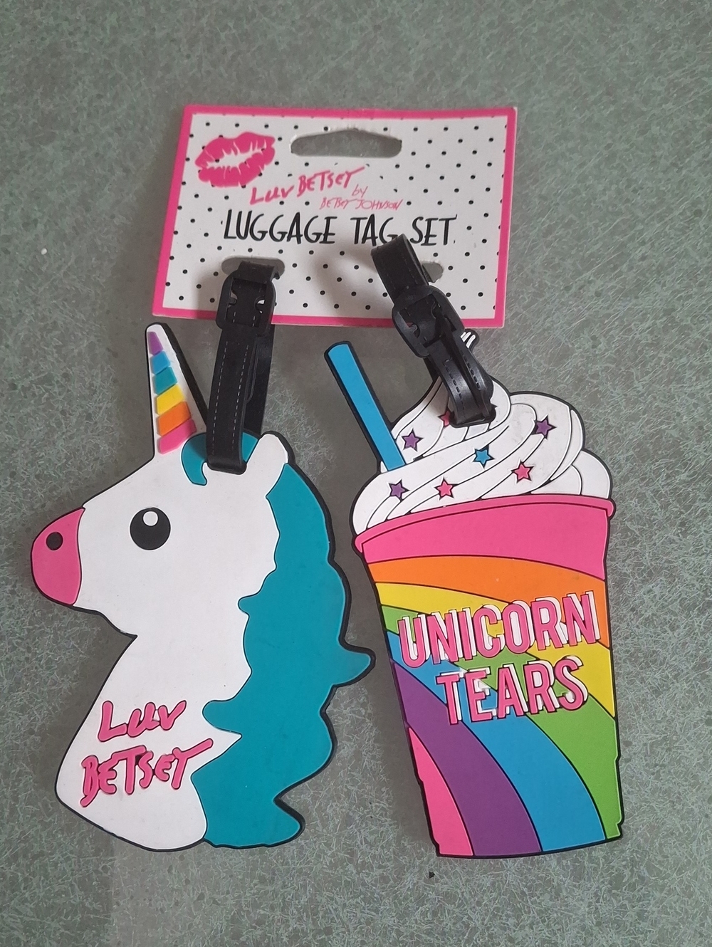 Betsey Johnson Pink & Teal Unicorn Luggage Tag Set
